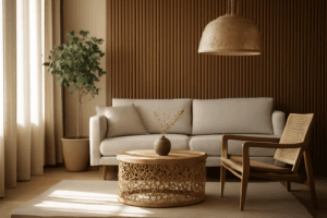 Japandi salon z drewnem i rattanem 2026