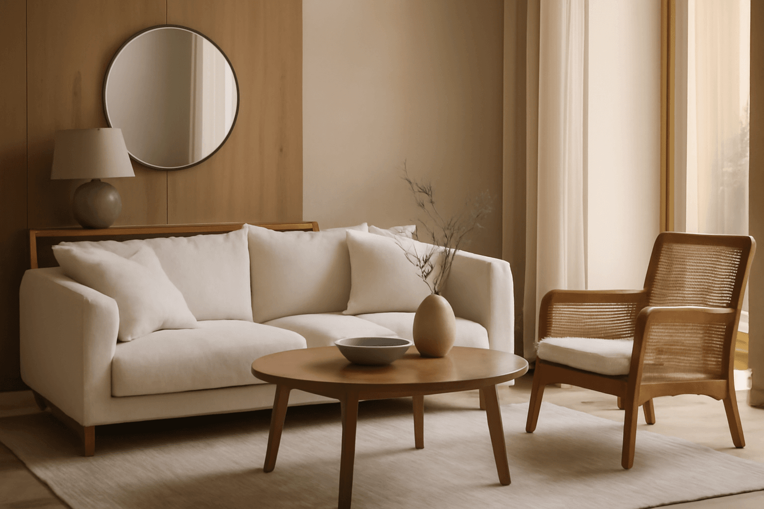 Japandi salon z drewnem i rattanem 2026